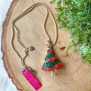 Betsey Johnson Green & Red Rhinestone Christmas Tree Gold Pendant Necklace NEW